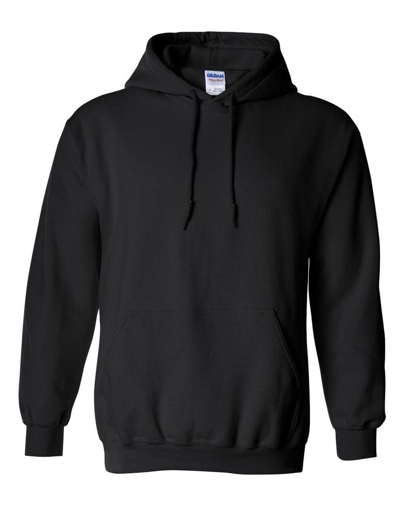 May include: A black hooded sweatshirt with a pouch pocket and a drawstring hood.