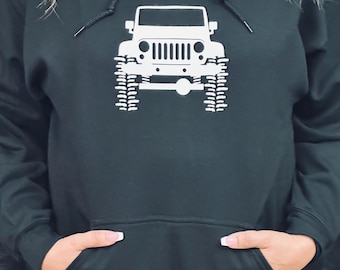 May include: Black hooded sweatshirt with a white silhouette of a Jeep on the front.