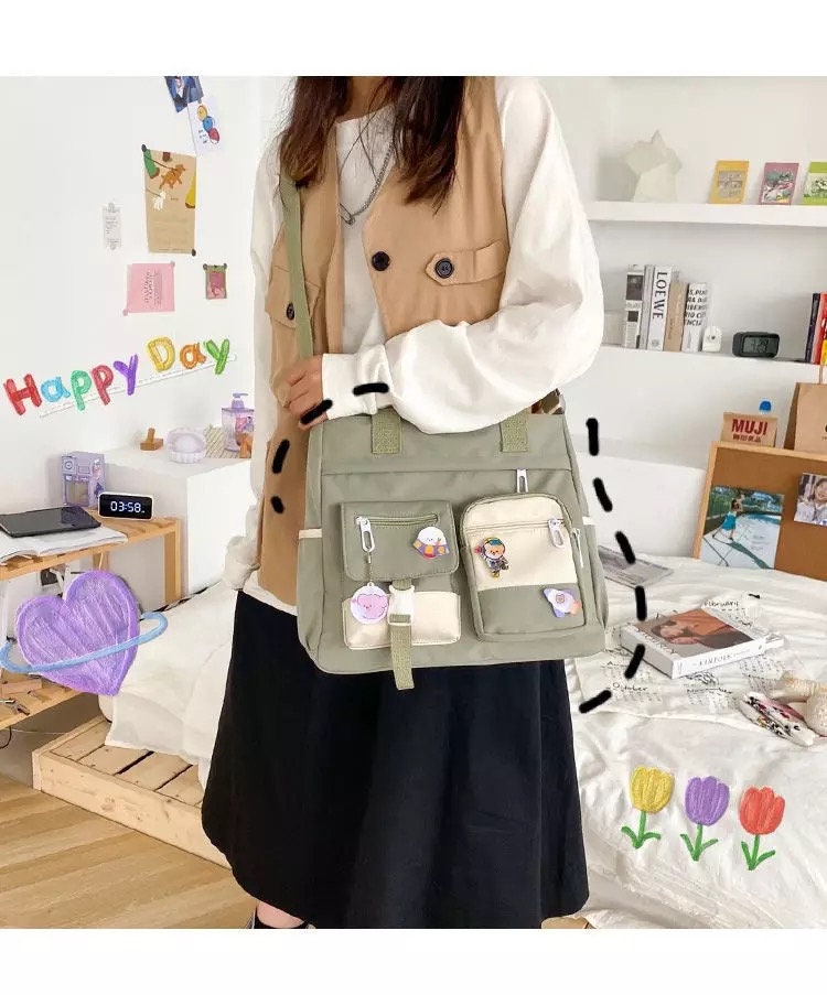 Canvas Crossbody Bag with Kawaii Pins and Pendent for Women Girls Casual  Shoulder Messenger Bag Students Schoolbag