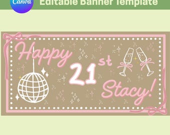 Pink Disco Birthday Banner: Editable Party Decor (Instant Download, Canva Template)