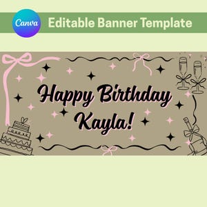 Editable Aesthetic Birthday Banner with Pink Bows| Printable Birthday Party Decor |  Pink & Black Banner | Instant Download