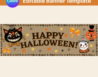 Banner di Halloween vintage modificabile: decorazioni spettrali per feste (download immediato, modello Canva)
