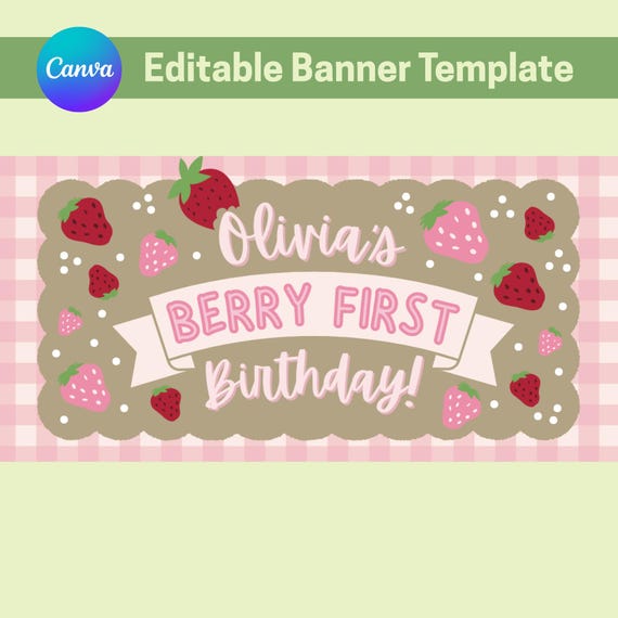Strawberry First Birthday Banner: Editable Party Decor (Canva Template, Instant Download)
