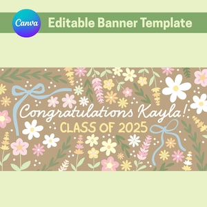 Bearbeitbares Blumenparty Banner mit blauen Bögen | Druckbare Geburtstag, Graduierung, Babyparty Dekor |  Rosa Banner | Sofort Download