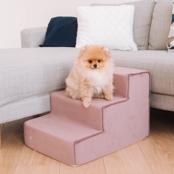 Dog Steps for bed | Velour Dog Stairs with Removable cover | Pet stairs on 3 steps