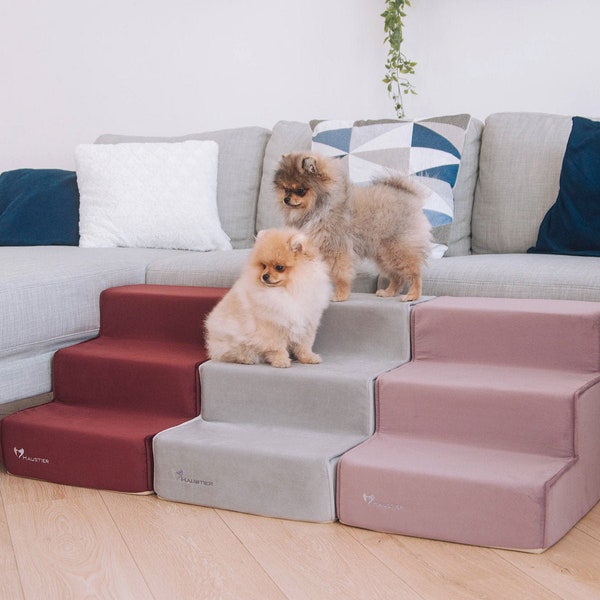 Dog Stairs for bed of furniture fabric | Velour Dog Steps with Removable cover | Dog stairs for couch