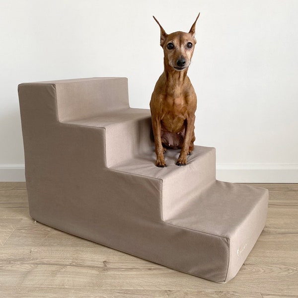 Beige Dog stairs for high bed | Small dog steps upholstery fabric | 4 step dog stairs | Foam dog steps