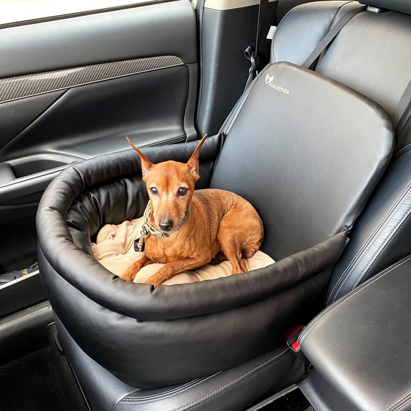 Hundeautositz aus schwarzem Kunstleder | Komfortabler Haustier-Autoträger & Hundekorb für Auto | Doppel-Autositz für Hunde