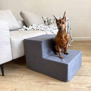Gray 2-Step Dog Stairs | Furniture Fabric Pet Steps