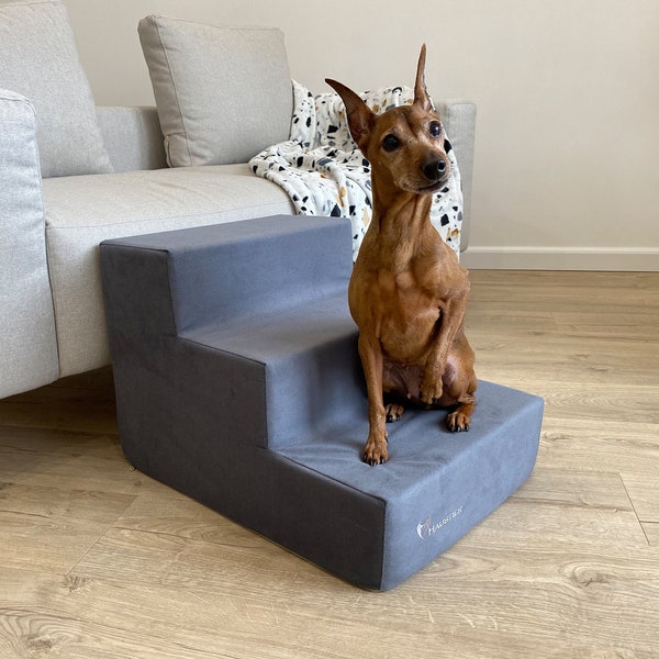 Gray dog steps for bed | Puppy Stairs with removable cover | Dog Steps for sofa | Foam dog stairs of Monoblock