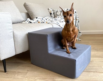 Gray Dog stairs on 2 steps | Foam pet Steps for small dogs | Puppy Steps in durable furniture fabric