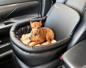 Dog Car Seat in black  faux leather | Comfortable Pet Car Carrier & Dog Basket for Car | Double dog car seat