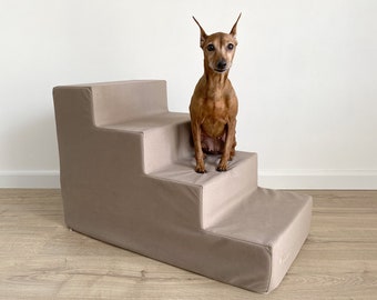 Beige Dog stairs for high bed | Small dog steps upholstery fabric | 4 step dog stairs | Foam dog steps