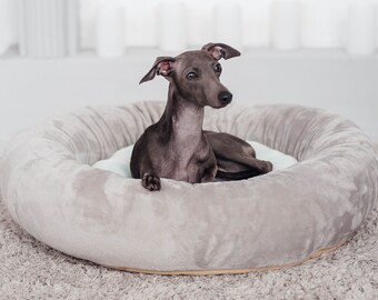 Letto per cani a forma di ciambella grigia / Letto per animali in pelliccia sintetica, fodera rimovibile