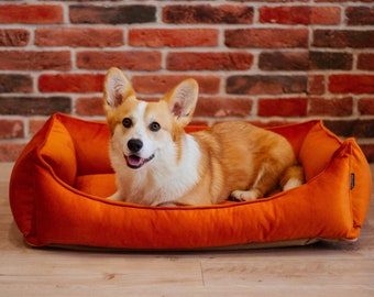 Comfortable Dog Bed in orange furniture velour | Luxury Cat bed | Small and Large pet bed | Designer dog beds | Machine washable dog bed