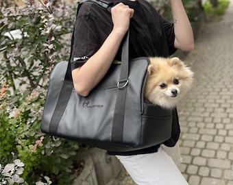 Black pet carrier in faux leather | Stylish puppy carry bag | Small Dog carrier | Dog Carrier Bag | Cat Carrier Bag