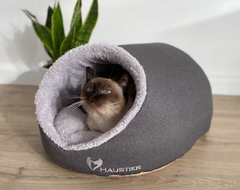 Gray indoor Pet house bed | Cozy Puppy house | Soft cat house | Small Pet house with faux fur | Pet cave bed