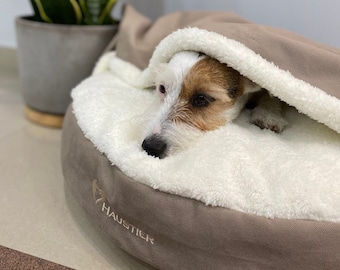Letto per cani con cappuccio beige e coperta / Letto rotondo a forma di grotta