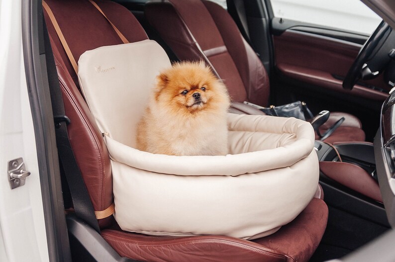 Front /& Rear Pet Booster Seat Dog Car Seat in ivory faux leather