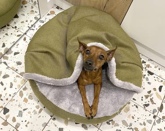 Olive Green Hooded Dog Bed | Plush Round Pet Cave with Blanket