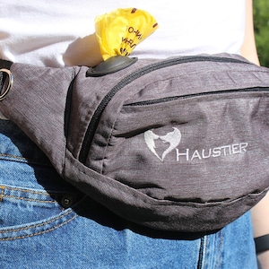 Grey Dog treat bag with poop bag dispenser | Stylish Dog walking waist bag | Waterproof Dog training treat pouch