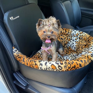 Dog Car Seat in black eco leather with leopard faux fur | Front & Rear Pet Booster Seat