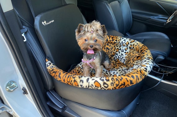 Hunde-Autositz aus schwarzem Öko-Leder mit Leoparden-Kunstfell