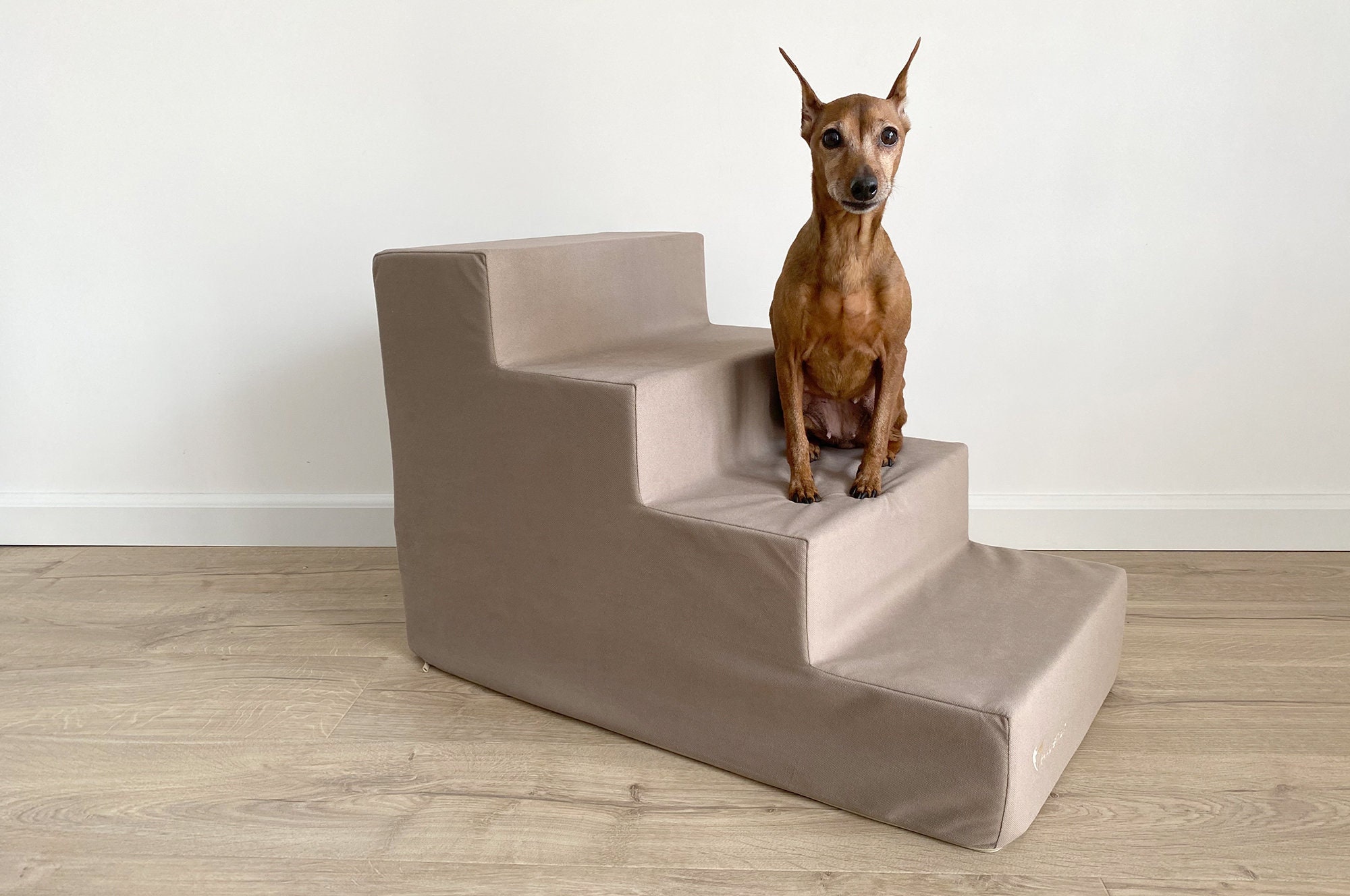 Beige Velour Dog Steps | 4-Step Foam Pet Stairs For High Bed