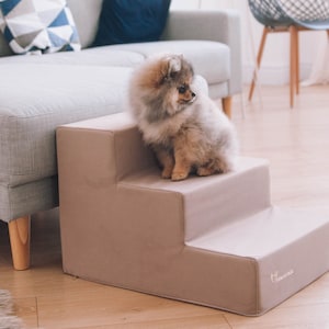 Beige Dog Steps | Furniture Velour Puppy Stairs with Removable Cover