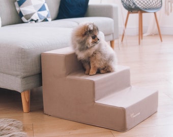 Beige dog steps for bed | Puppy Stairs with removable cover | Dog Steps for sofa | Foam dog stairs of Monoblock