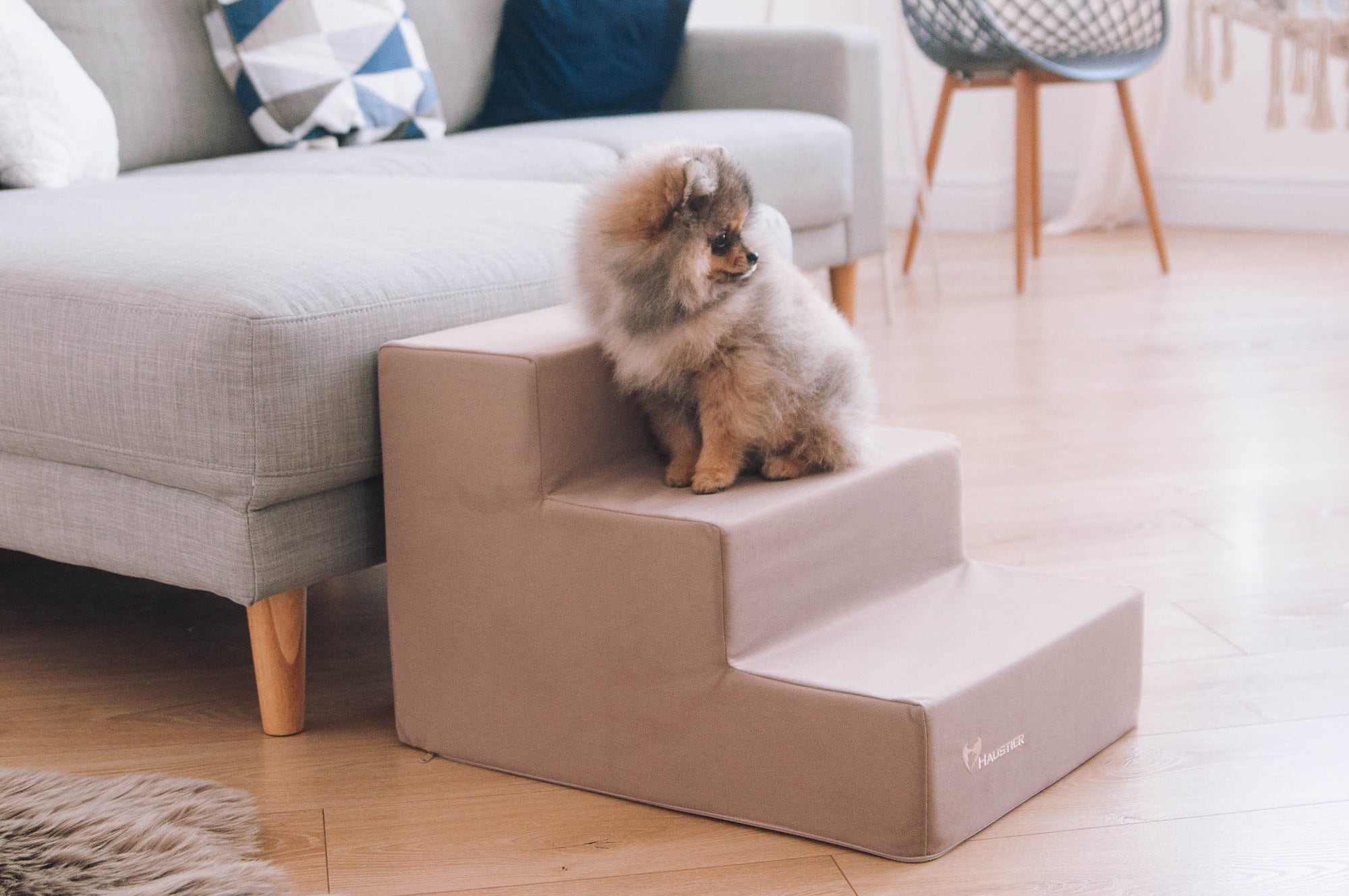 Beige Dog Steps | Furniture Velour Puppy Stairs With Removable Cover