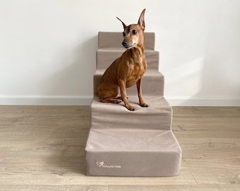 Beige 5 step dog stairs | Dog stairs for high bed | Small dog steps upholstery fabric | Foam dog steps