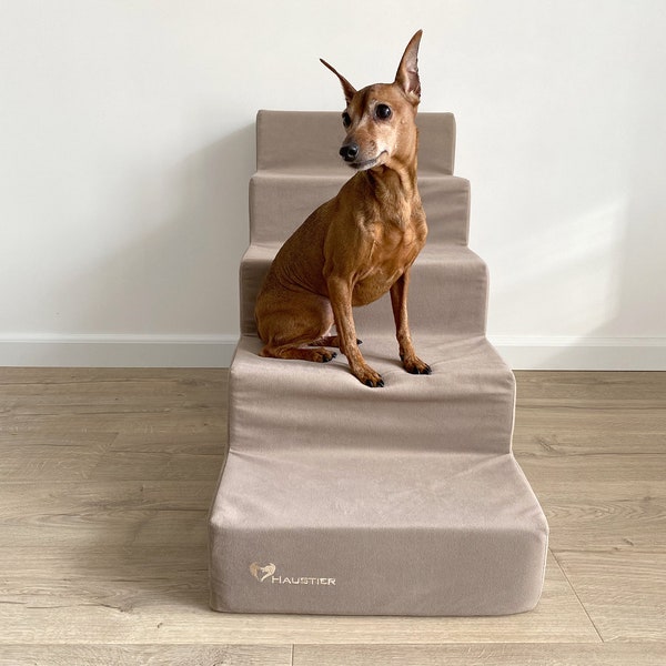 Beige 5 step dog stairs | Dog stairs for high bed | Small dog steps upholstery fabric | Foam dog steps