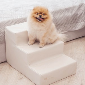 Small dog stairs in ivory faux leather, Pet steps, Removable cover, Puppy stairs