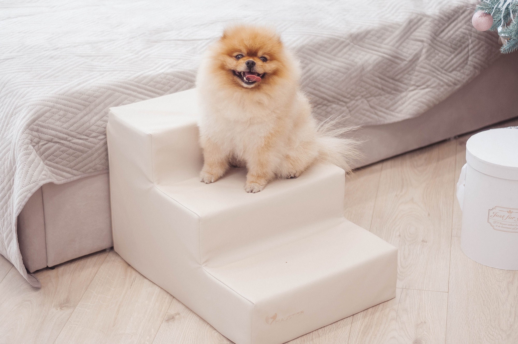 Small dog stairs in ivory faux leather, Pet steps, Removable cover, Puppy stairs