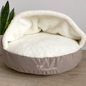 Beige Dog bed with Blanket | Round dog bed with canopy and removable cover | Hooded dog bed with ivory faux fur