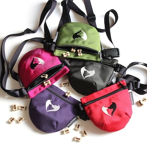 Könnte beinhalten: Vier verschiedene farbige Leckerli-Taschen für Hunde mit verstellbaren Trägern. Die Taschen sind grün, rosa, schwarz und rot. Jede Tasche hat einen Reißverschluss und eine kleine gestickte Hundesilhouette. Die Taschen sind mit "HAUSTIER" beschriftet.