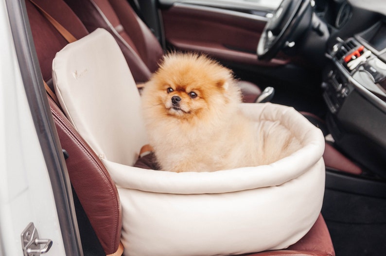 Front /& Rear Pet Booster Seat Dog Car Seat in ivory faux leather