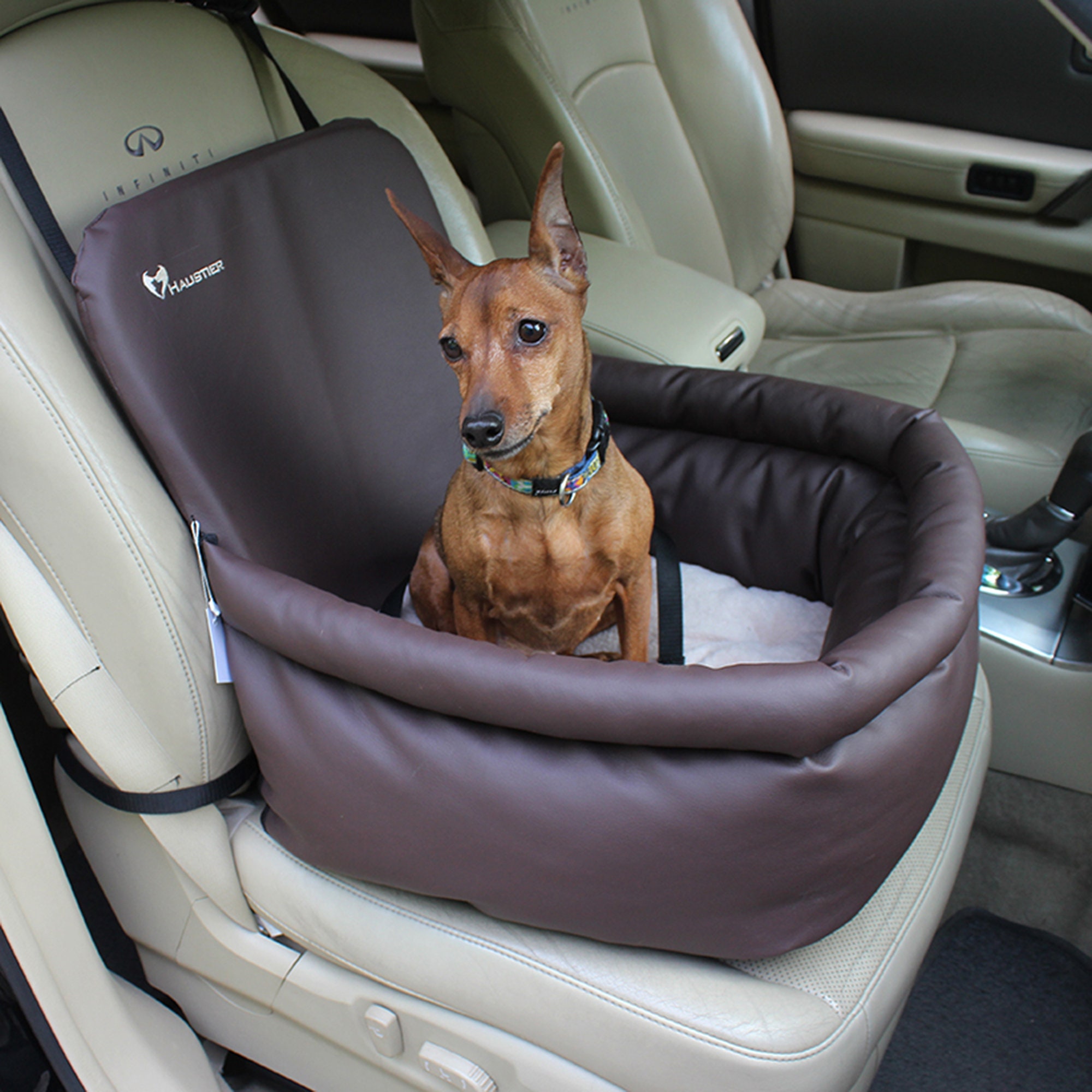 Dog Car Seat in Chocolate Faux Leather Comfortable Pet Car Carrier & Dog  Basket for Car Double Dog Car Seat 