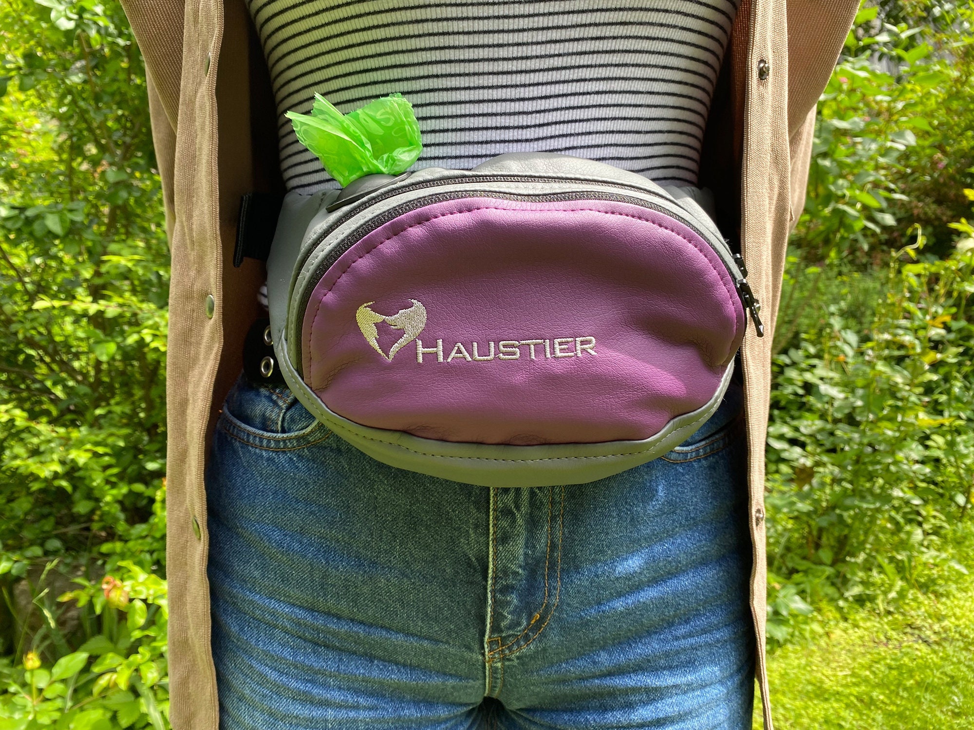 Grey and Purple Dog treat bag with poop bag dispenser | Stylish Dog walking waist bag in vegan leather | Waterproof Dog training treat pouch