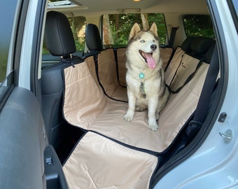 Beige Dog Car seat cover with door protection | Rear seat dog hammock transformer 1/3 and 2/3 seat cover | Waterproof dog car mat