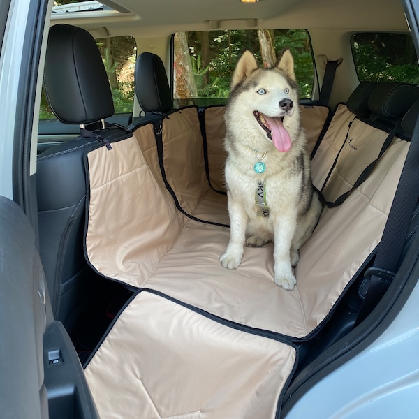 Beige Dog Car seat cover with door protection | Rear seat dog hammock transformer 1/3 and 2/3 seat cover | Waterproof dog car mat