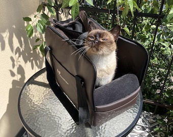 Chocolate Faux Leather Pet Carrier | Stylish Small Dog & Cat Travel Bag