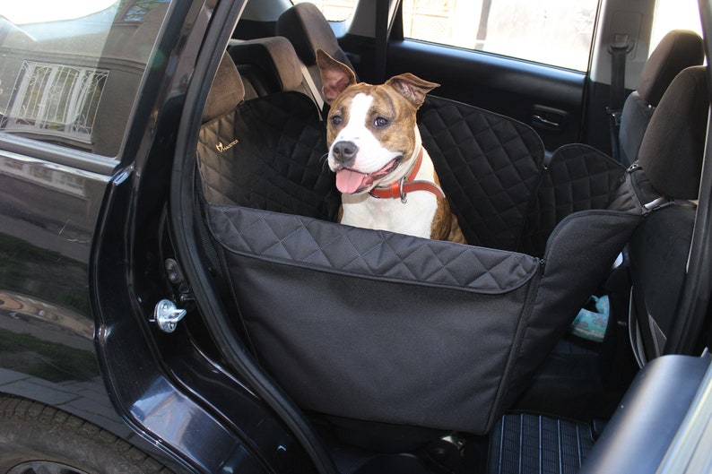 Black dog car seat cover on 1/2 rear seat Waterproof dog car hammock Dog travel bed Dog car protector for medium dogs image 1