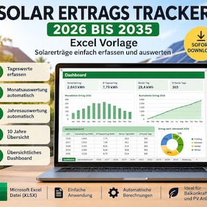 May include: A laptop screen displaying a solar energy tracking dashboard in Microsoft Excel. The interface shows charts, tables, and data for years 2026 through 2035. Text includes SOLAR ERTRAGS TRACKER, 2026 BIS 2035, Excel Vorlage, and various German labels.