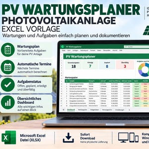 Puede incluir: Una pantalla de portátil que muestra una plantilla de Excel para planificador de mantenimiento fotovoltaico. La interfaz incluye un panel con estadísticas, un gráfico circular y una tabla de mantenimiento. Texto: PV WARTUNGSPLANER, PHOTOVOLTAIKANLAGE, EXCEL VORLAGE.