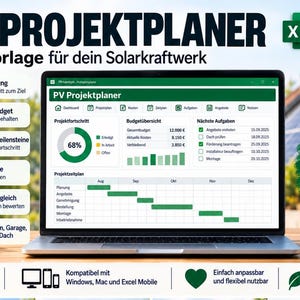 Può includere: Uno schermo di computer portatile che mostra un modello Excel PV Projektplaner per progetti di energia solare. L'interfaccia presenta una dashboard con avanzamento, budget e attività. Testo: PV PROJEKTPLANER e Microsoft Excel Datei (XLSX).