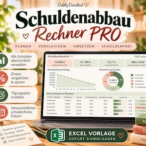 May include: A digital debt payoff calculator spreadsheet displayed on a laptop screen, featuring charts, tables, and financial data. The interface includes sections for managing loans, interest rates, and repayment progress, with text in German throughout the dashboard.