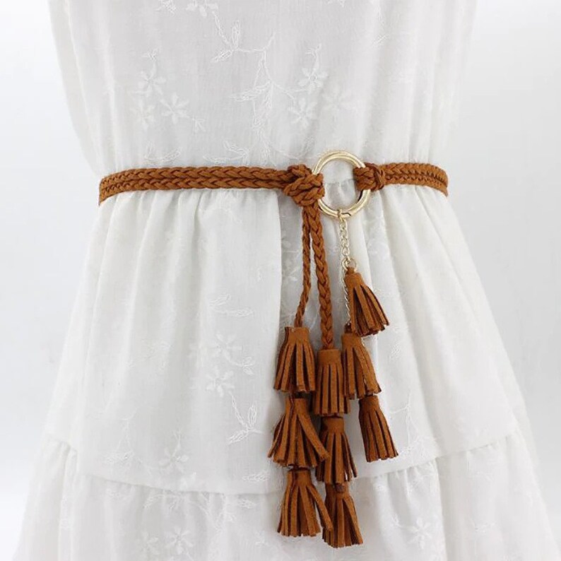 Fashion Women Solid Color Braided Tassel Belt Boho Girls Thin Etsy