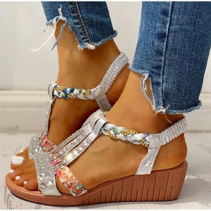 Women's Sandals Summer Bohemia Platform Wedges Shoes-Crystal Gladiator Rome Woman Beach Shoes-Casual Elastic Band Female image 6